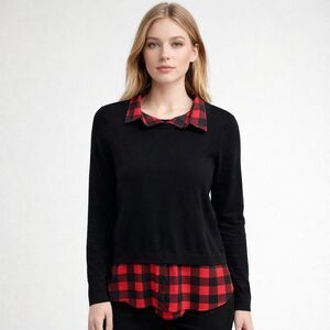 Adrianna Papell Sweater Womens Medium Black Plaid Layered Look Collared Top